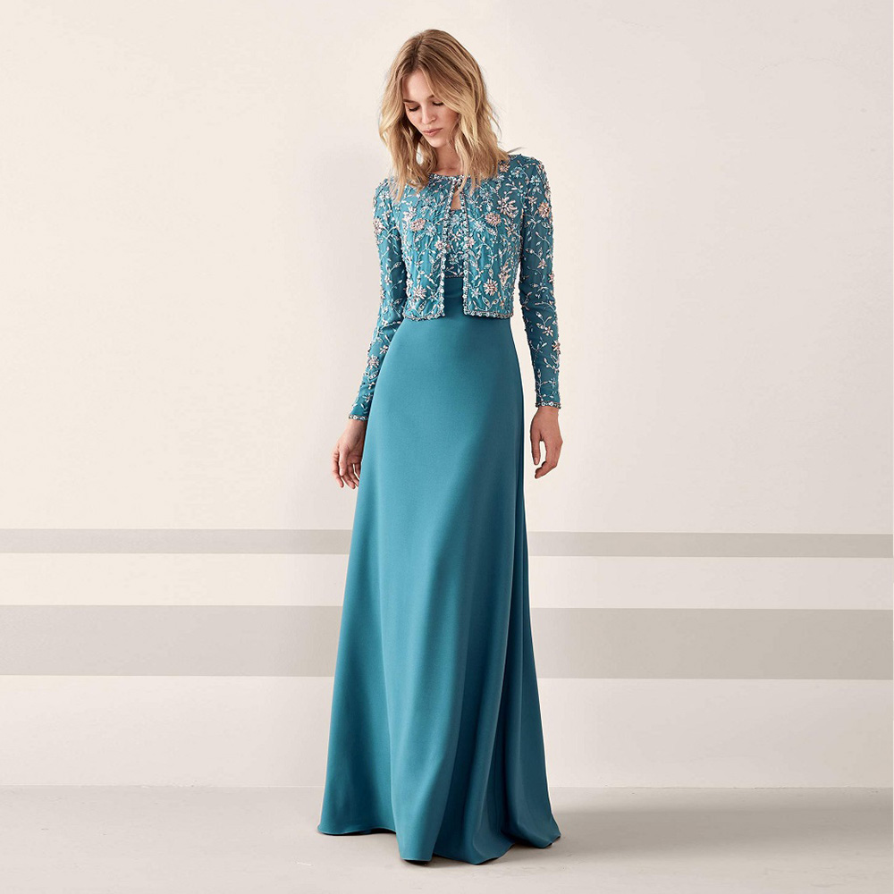 Elegant Mother Of The Bride Dresses Delicate Blue Crewneck Long Sleevele Beaded Luxurious Wedding Party Evenign Dress