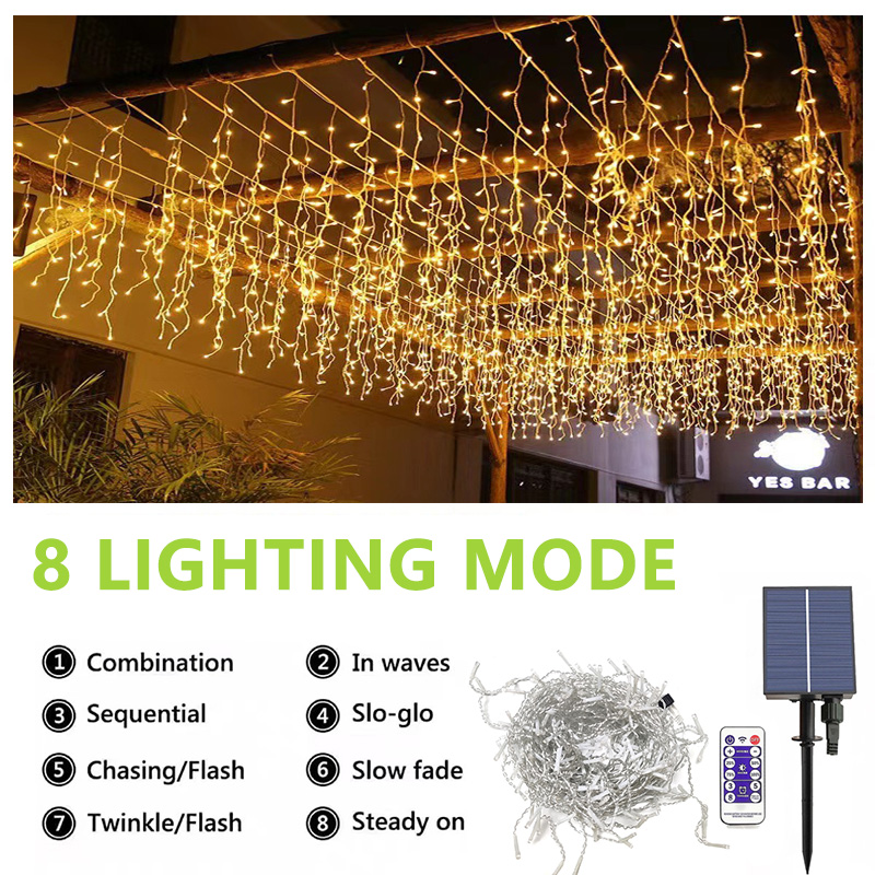 300 LED Solar Icicle Lights 8 Modes Vattentäta solenergi Stränglampor för Xmas Tree Patio Garden Garden Wedding Party House Eaves Takdekorationer