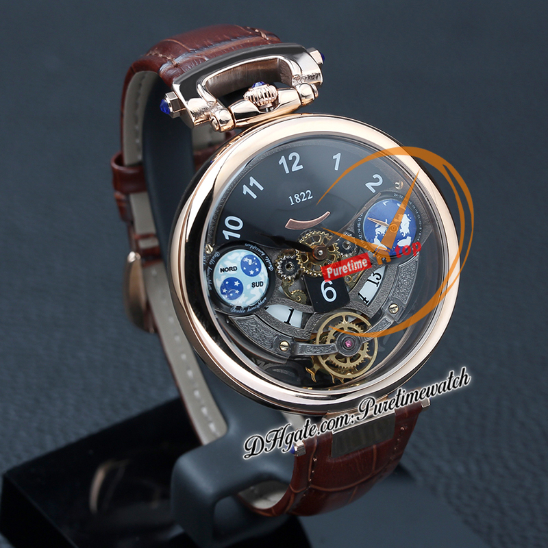 1822 Ottantasei Tourbillon Swiss Quartz Mens Watch 18K Rose Gold Steel Case Black Skeleton Dial Brown Leather Strap Watches Puretime Z01C3