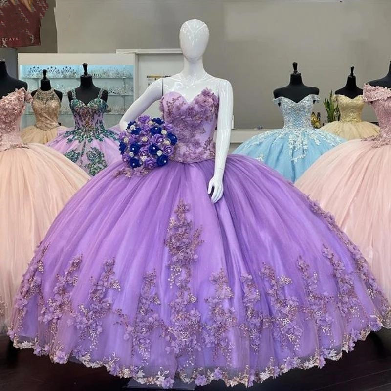 Lilac Quinceanera Dresses 3D Floral Applique Sweetheart Neckline Lace up Back Floor Length Ballgown Princess Sweet 16 Party vestido