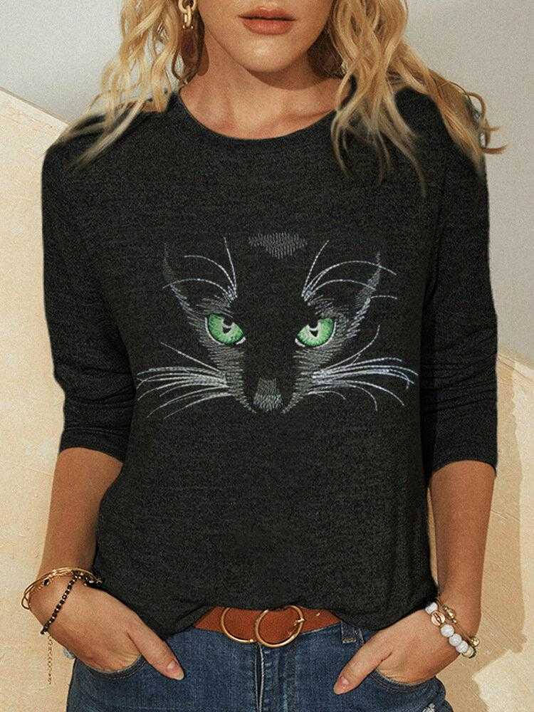 Kvinnor Blus Top Cat Chasing the Moon Print Shirt Plus Size XL Casual Black Shirts Långärmad rolig tecknad TEE Kvinna