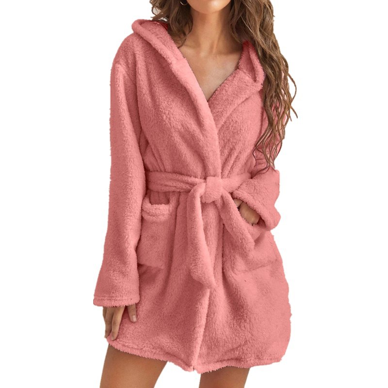 Kadın pijama kadınları uyuyan bornoz saf renk kalınlaşmış kış ev bornoz bayanlar Cepten kapüşonlu ceplerle kapşonlu sıcak basit yastıklı pamalar