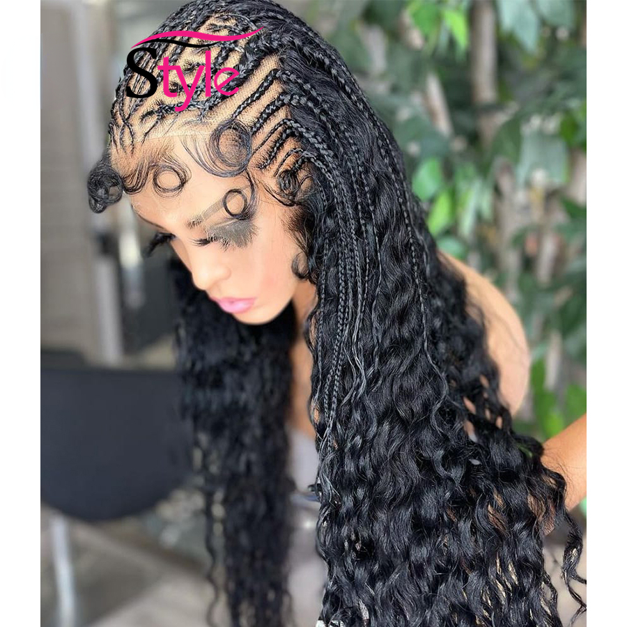 Deep Wave Lace Front Wig with Knotless Cornrow Braids - Black Synthetic Lace Front Wigs with Baby Hair