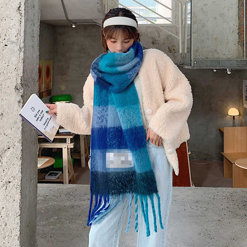 Ac mesmo lenço listrado feminino no outono e inverno versão coreana estudantes versáteis engrossado malha borla xale longo pescoço