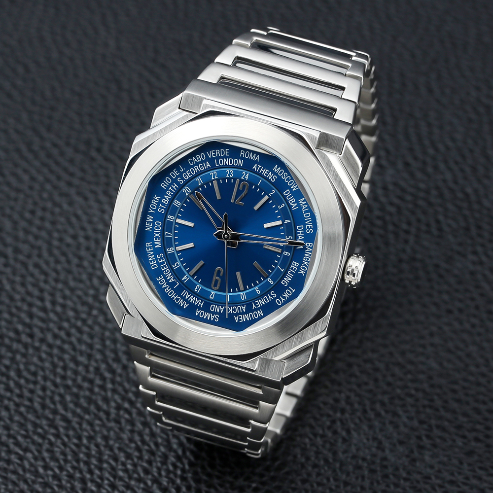 Nowy Octo 103481 103486 Automatyczne męże zegarek Roma World Time Time Blue Dial 42 mm Bransoletka ze stali nierdzewnej Gents Sport Watches Finissimo TimeZoneWatch Z06B