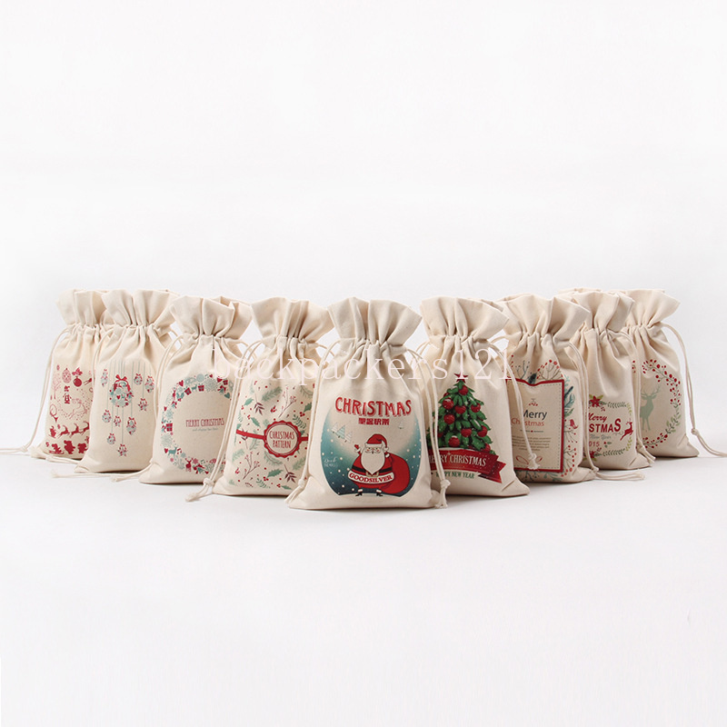 Saco de presente de cordão de natal bonito papai noel floco de neve elk lona sacos de armazenamento reutilizáveis festa de ano novo bolsa de doces 16x23.5cm