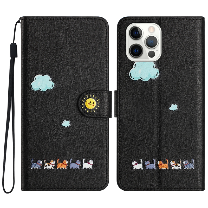 Cute Cat PU Leather Wallet Cases For Iphone 15 Plus 14 13 Pro MAX 12 11 XR XS X 8 7 6 Fashion Clound Sun Smile Flip Cover Cartoon Lovely Animal Credit ID Card Slot Holder Pouch
