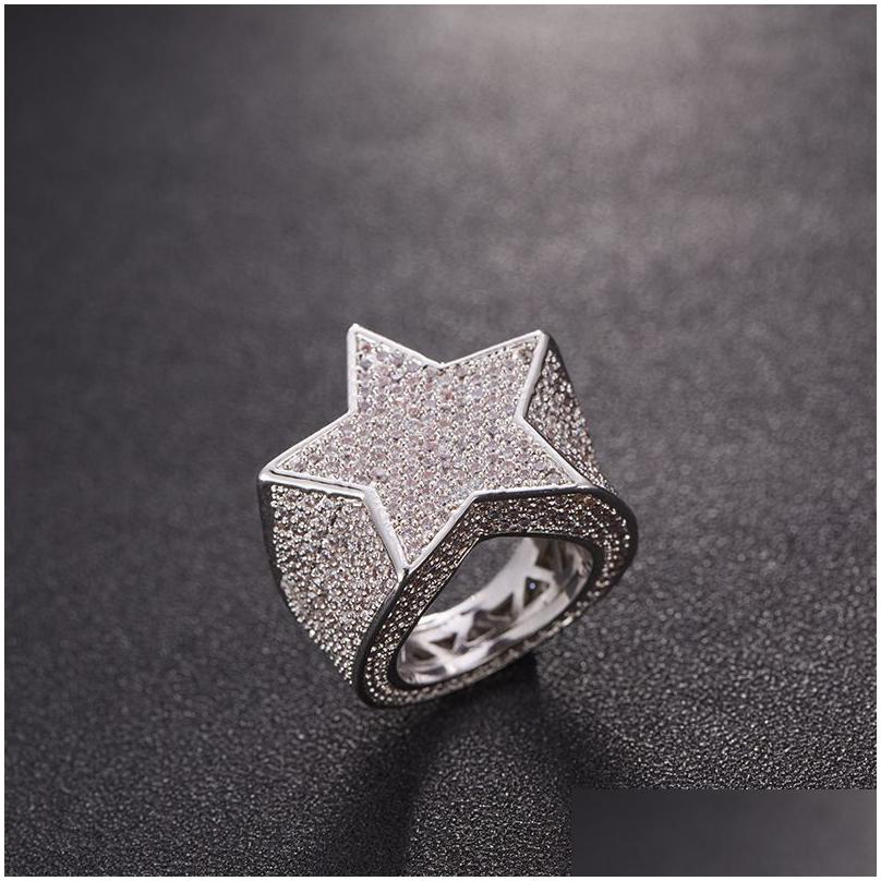 Cluster Rings Men Fashion Copper Gold Sier Iced Out Star Ring High Quality Cz Stone Shape Jewelry Drop Delivery Dhgf8
