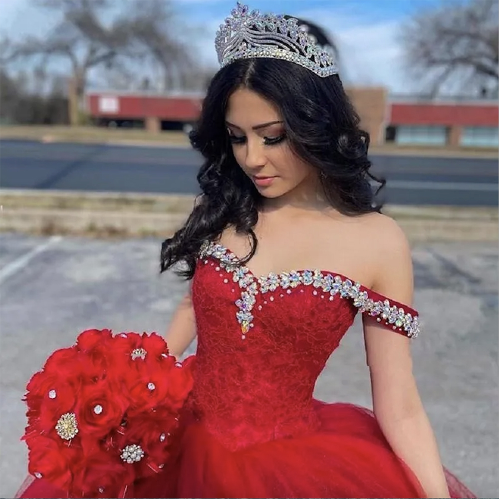 Red Quinceanera Dresses Beaded Crystals Tulle Lace Up Back Formal Pageant Gown Sweet 16 Birthday Party Ballgown Floor Length Custom Made vestidos