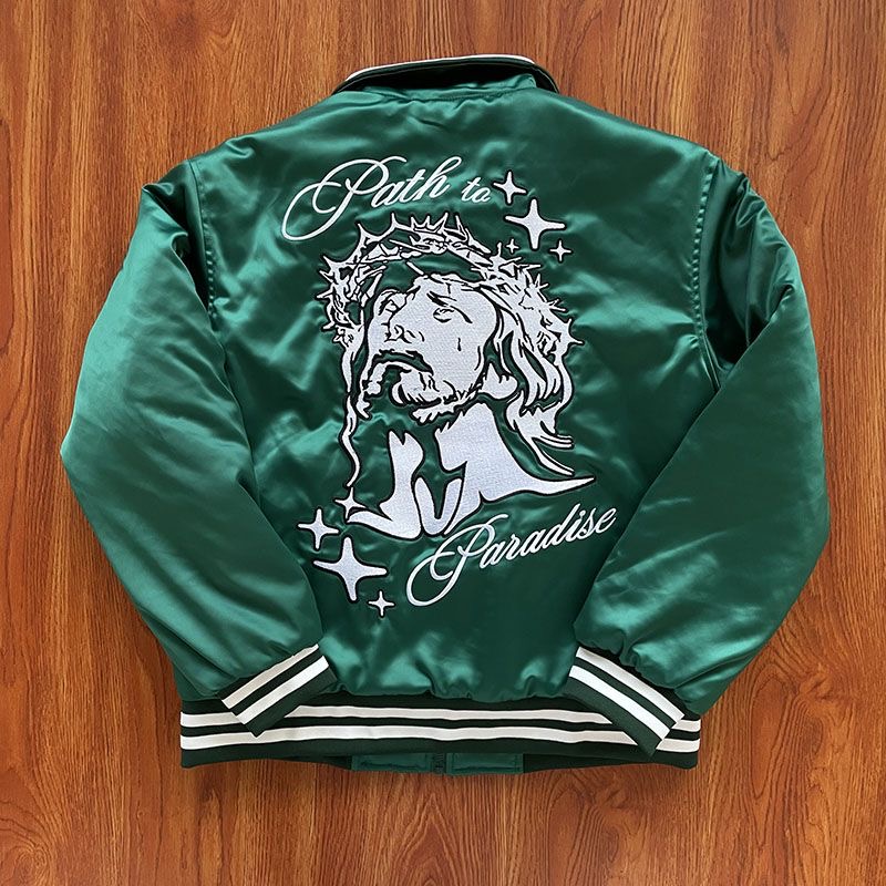 Tendenza europeo-americana Hellstar PATH TO PARADISE BOMBER Giacca da baseball ricamata Giacca in tessuto liscio di seta verde nero Uomo Donna Giacca con cappuccio Outwear SMLXL