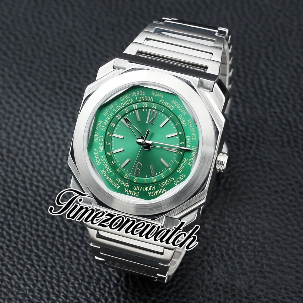 New OCTO 103481 103486 Automatic Mens watch Roma World Time Green Dial 42mm Stainless Steel Bracelet Gents Sport Watches Finissimo TWBV Timezonewatch Z06c
