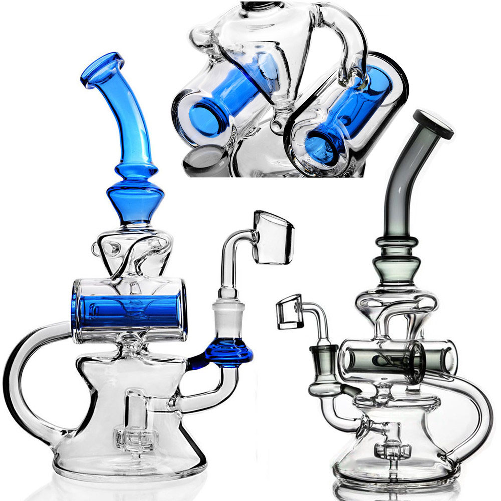 Bang à impulsion capiteuse bleue double recycleur narguilé shisha percolateur en ligne 14mm d'épaisseur dab rigs conduites d'eau en verre