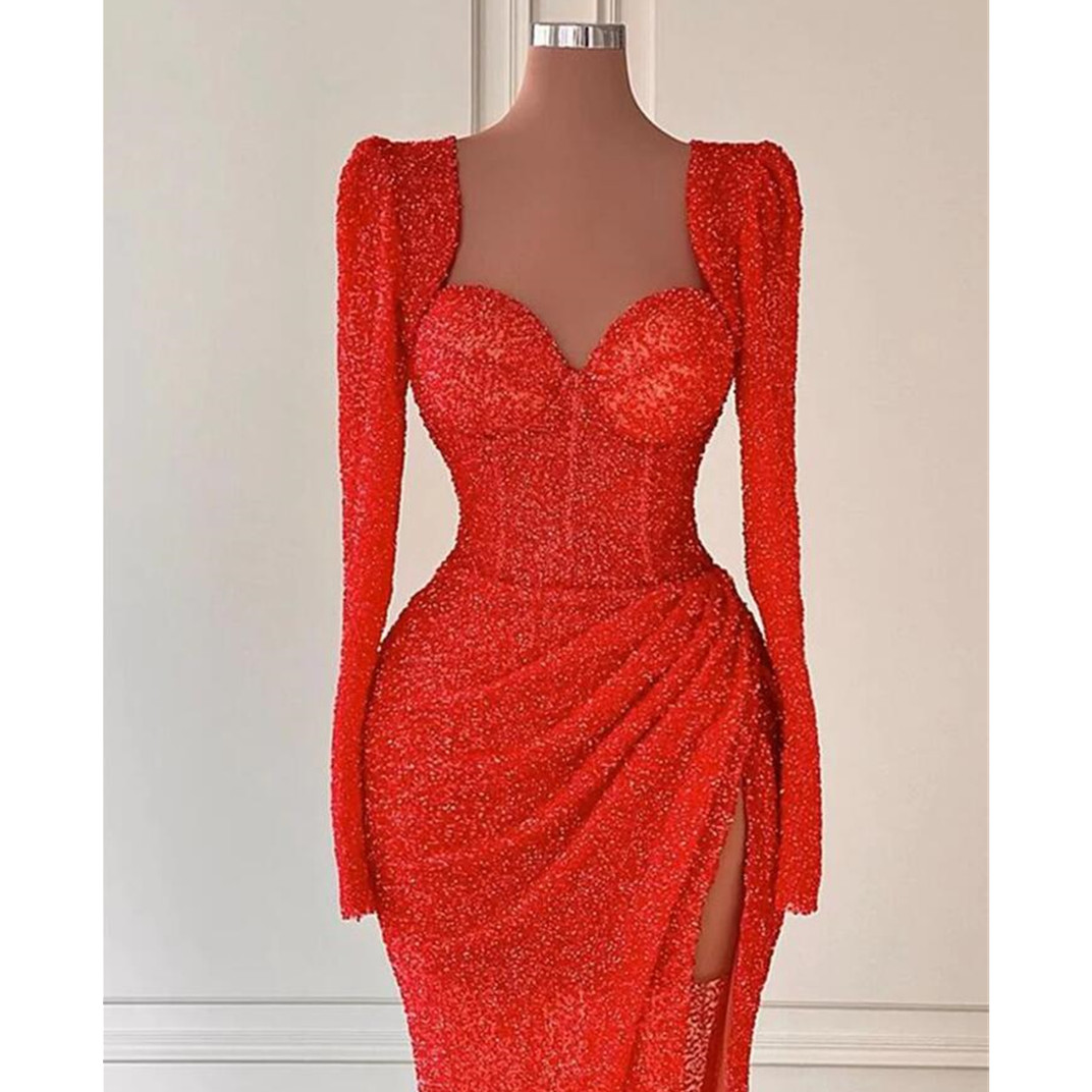 April Aso Ebi Mermaid Red Prom Dress Beaded Crystals Sexy Evening Formal Party Second Reception Birthday Engagement Gowns Dresses Rob 001