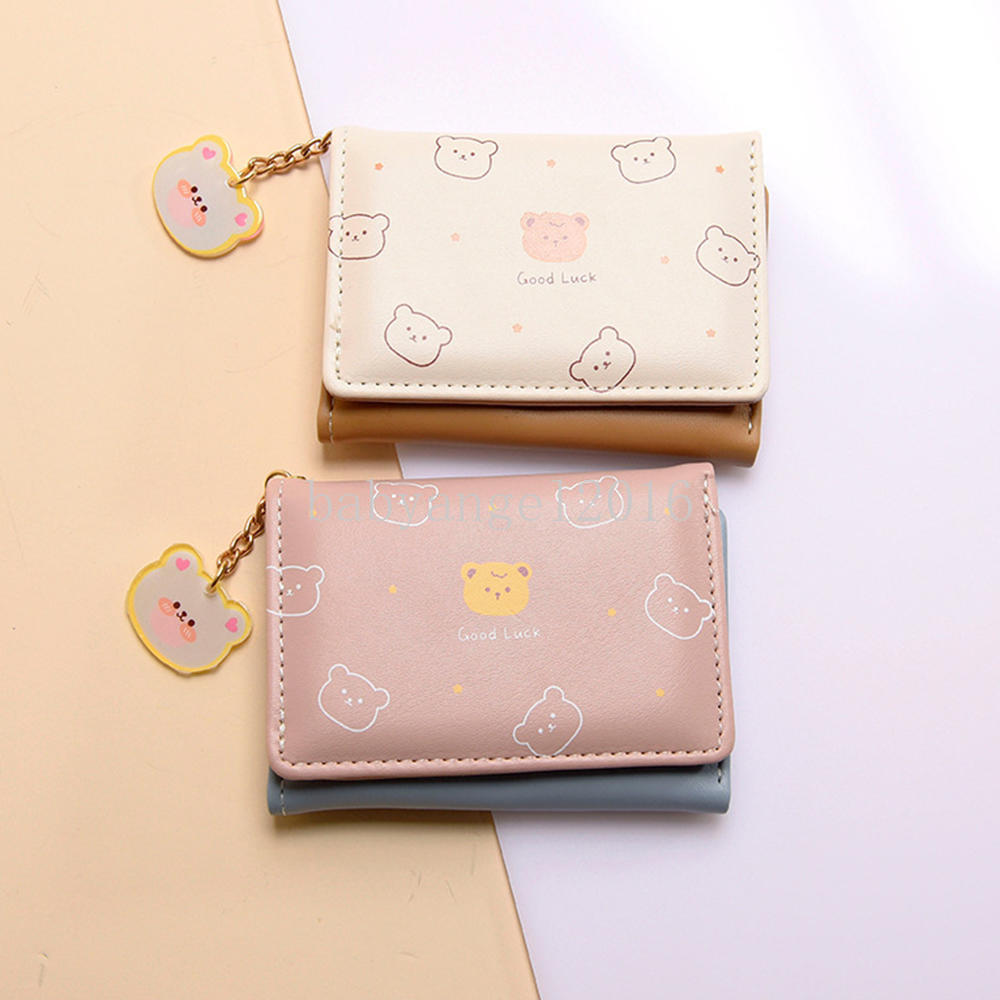 Cute Cartoon Bear Pattern Ladies Pu Leather Wallet Student Small Coin Purse Female Card Holder Women Short Three Fold Wallets