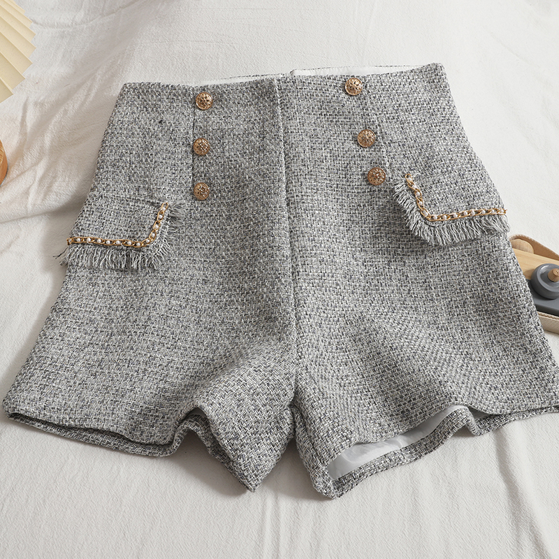 Damen-Shorts aus Tweed, Herbst und Winter, hohe Taille, zweireihig, mit Ketten, gepatcht, aus Wolle, SMLXL