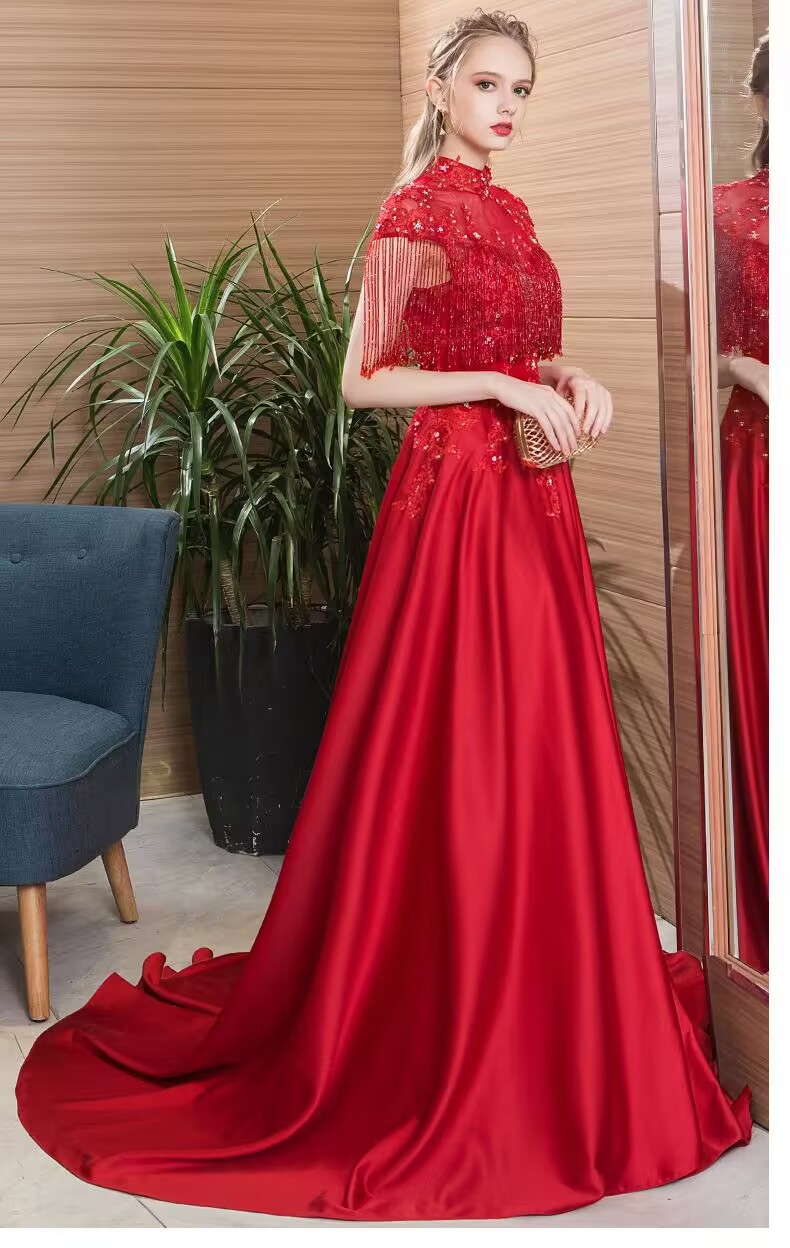 Red Satin Beading Evening Dress With Tassel Sleeves Africa Bridal Appliques A Line Prom Gowns Plus Size Formal Party Gows