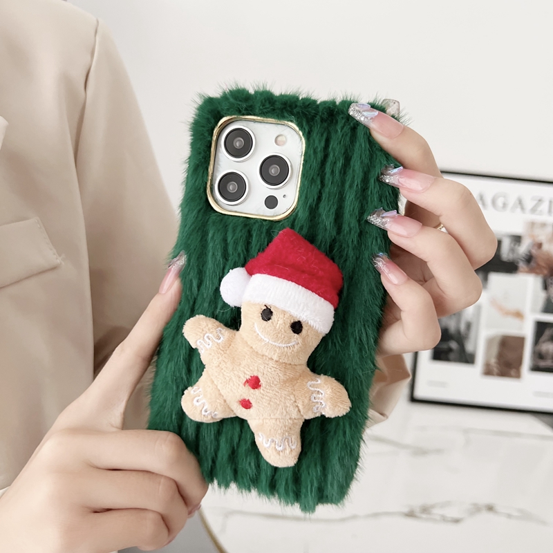 Xmas Gingerbread Man Cases For Iphone 15 Pro 14 13 12 11 XS MAX XR X 8 7 Plus 3D Christmas Tree Gift Fluffy Fur Merry Christmas Santa Claus Hat Red Soft TPU Chromed Cover