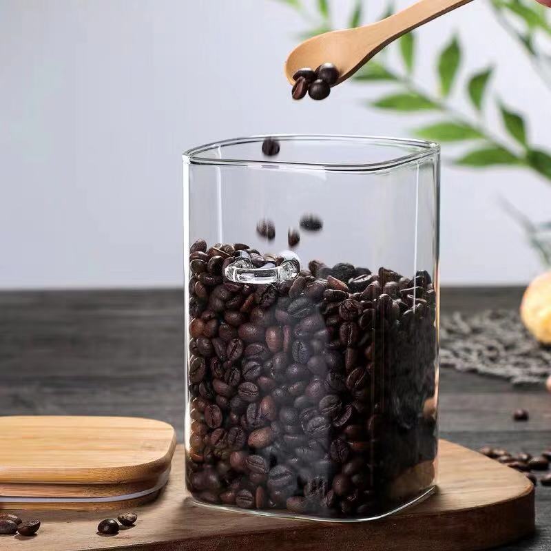 Boîte à grains de café, pot carré avec cuillère, pot en verre à haute teneur en borosilicate avec couvercle en bambou, récipient de stockage des aliments scellé, boîte d'assaisonnement de cuisine