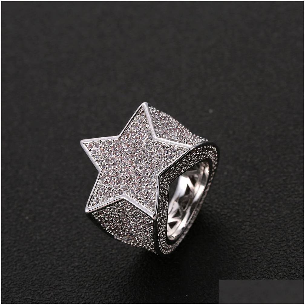 Cluster Rings Men Fashion Copper Gold Sier Iced Out Star Ring High Quality Cz Stone Shape Jewelry Drop Delivery Dhgf8