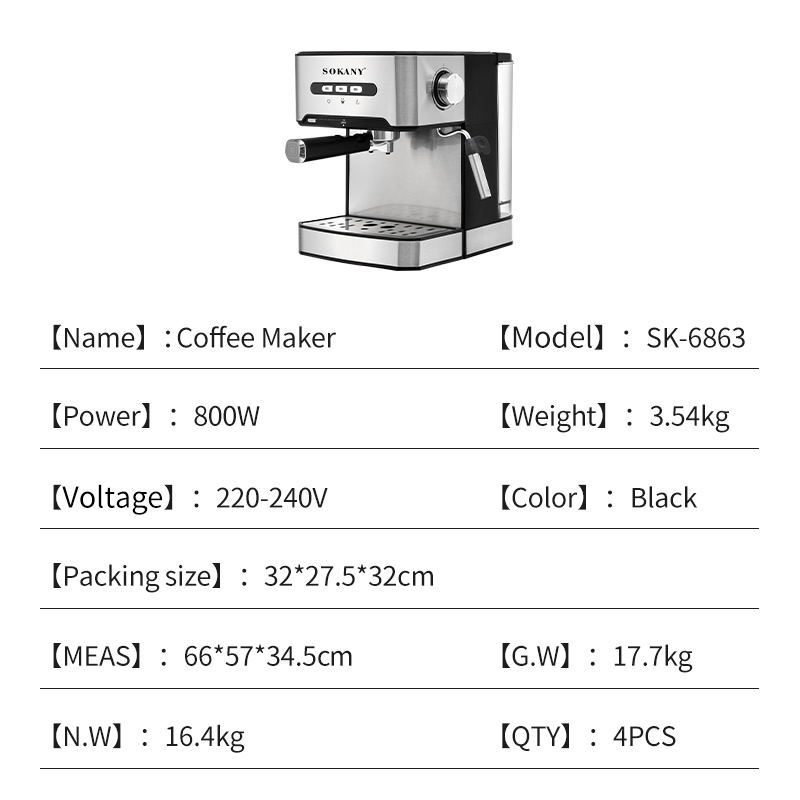 Máquina de café expresso 800w, pré-aquecimento instantâneo, cafeteira com espuma de leite, cappuccino, água quente, vapor para escritório doméstico