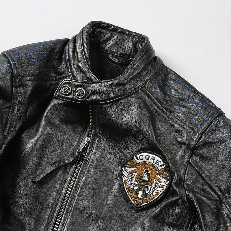 Veste de motard en cuir pour hommes manteaux en peau de vache à col montant broderie CORE Royal