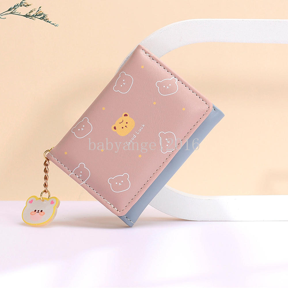 Cute Cartoon Bear Pattern Ladies Pu Leather Wallet Student Small Coin Purse Female Card Holder Women Short Three Fold Wallets