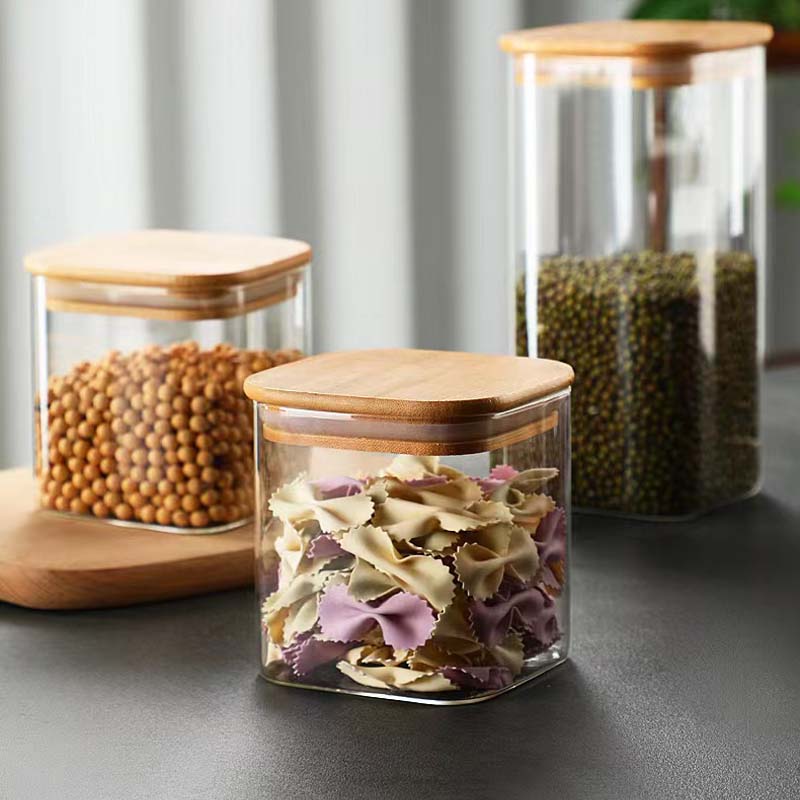 Barattolo di vetro quadrato, contenitore chicchi di caffè, contenitore condimenti snack con coperchio in bambù, contenitore in vetro borocilicato alto, contenitore alimenti sigillato, contenitore cucina