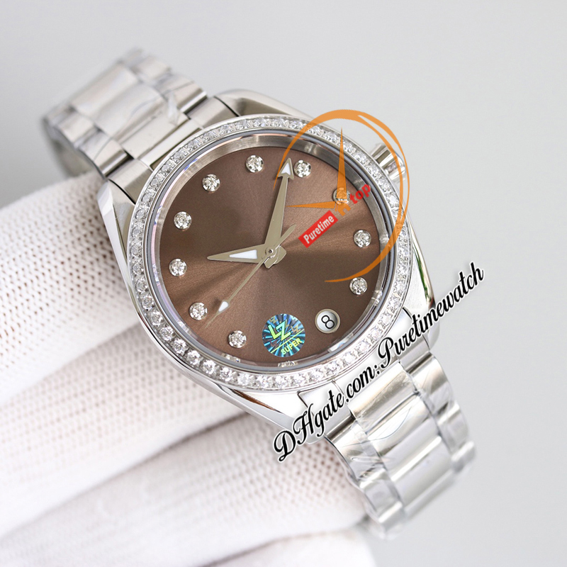 VSF Aqua Terra 150M A8800 Relógio automático feminino 43 mm moldura de diamantes mostrador cinza diamante pulseira de aço inoxidável super versão 220.15.34.20.57.001 feminino Puretime B2
