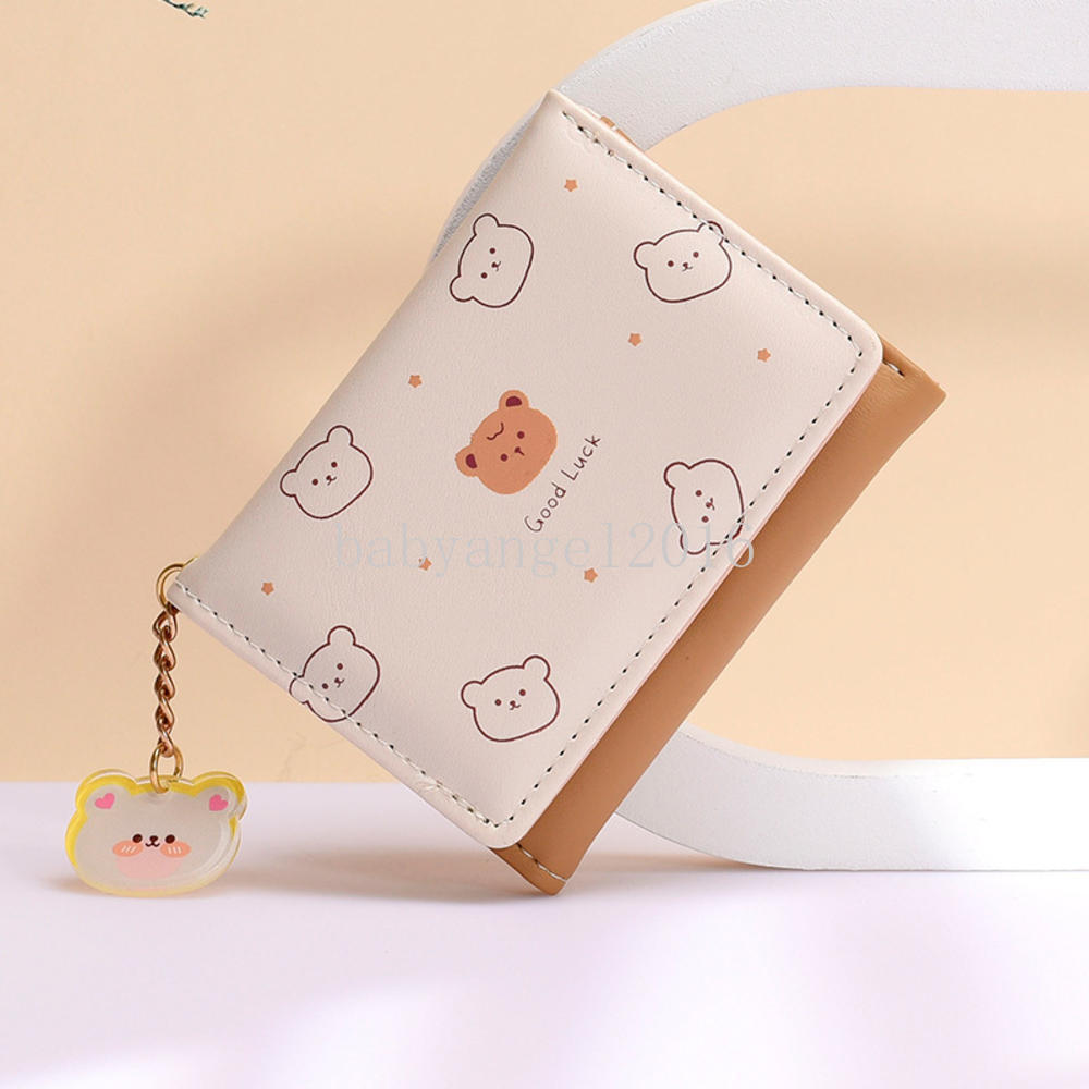 Cute Cartoon Bear Pattern Ladies Pu Leather Wallet Student Small Coin Purse Female Card Holder Women Short Three Fold Wallets