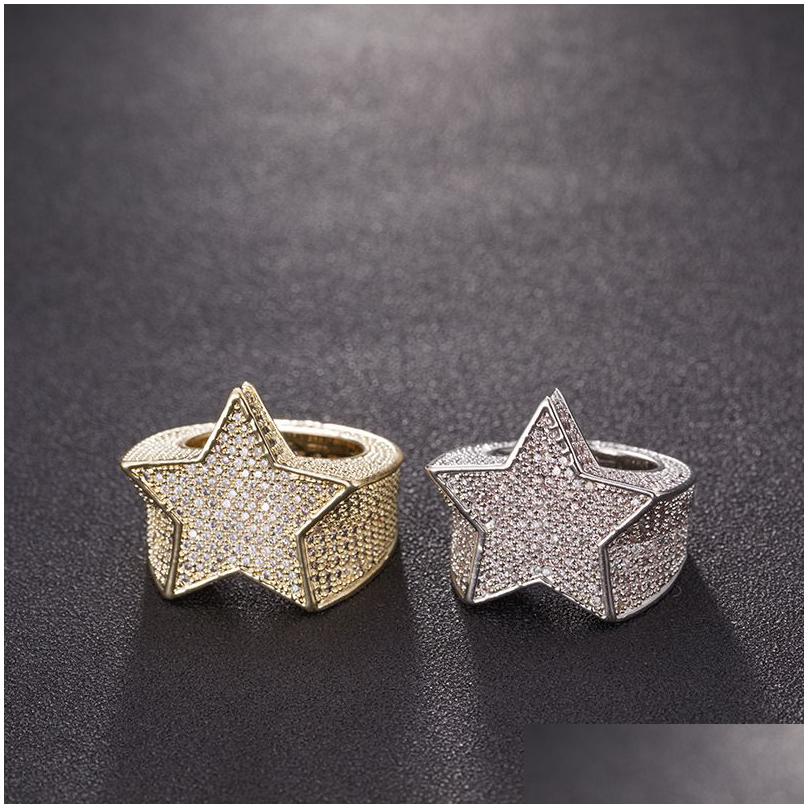 Cluster Rings Men Fashion Copper Gold Sier Iced Out Star Ring High Quality Cz Stone Shape Jewelry Drop Delivery Dhgf8