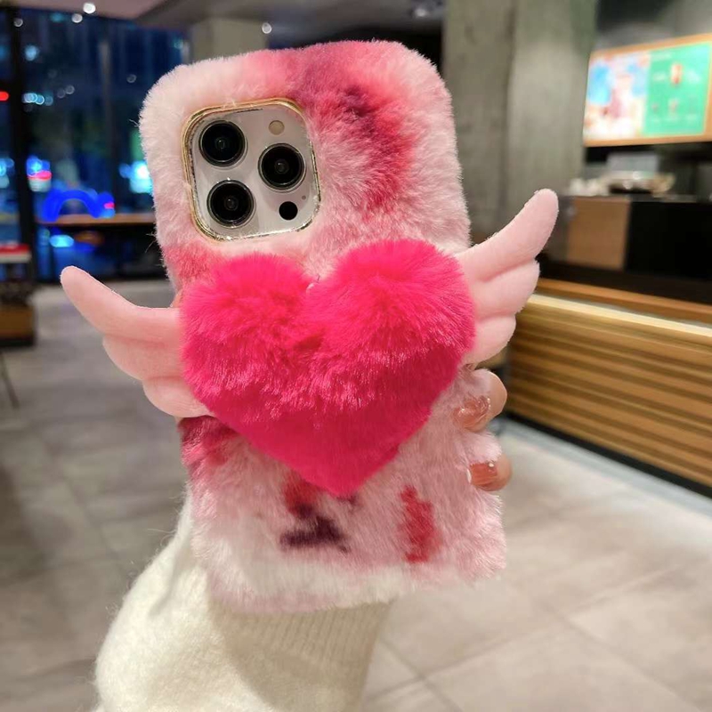 3D Wings Love Heart Genuine Rabbit Hair Cases For Iphone 15 Pro Max 14 13 12 11 XR XS X 8 7 Plus Soft TPU Cute Lovely Fluffy Fur Chromed Plating Mobile Phone Back Cover