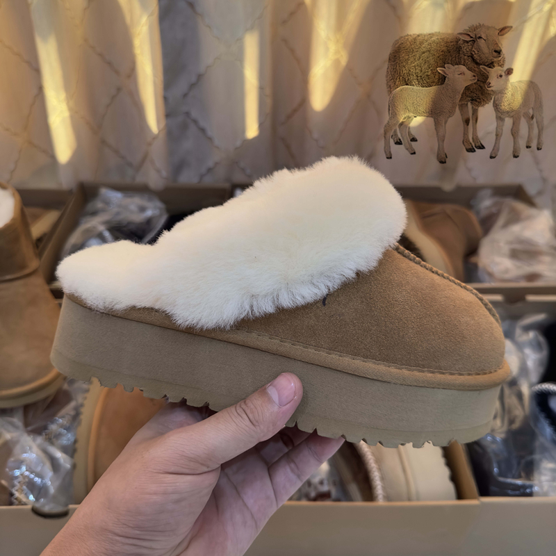 Tasman-Hausschuhe für Damen, Tazz, Senfkorn, Kastanienfell-Slipper, Schaffell, klassischer Ultra-Mini-Flecht-Plateaustiefel, Winter-Damen-Slipper-Schuhe, Obermaterial aus Wildleder, Wollmischung