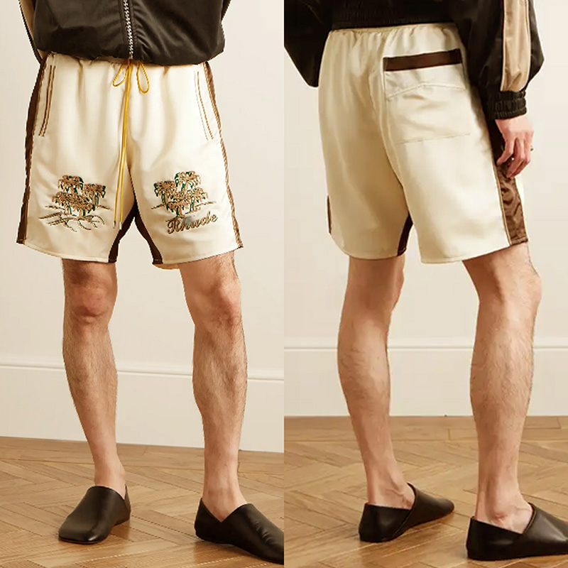 Men Women Casual Drawstring Embroidery Shorts Top Quality Inside Mesh Striped Breeches Brown Apricot