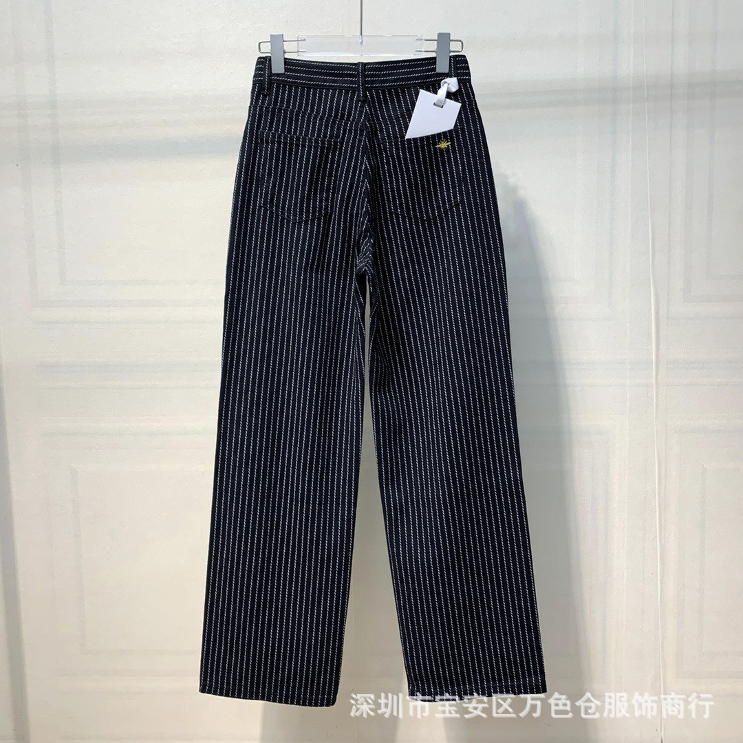 Pantalones rectos de mezclilla de cintura alta para mujer, todo en uno, retro, Diseño de Raya vertical, novedad de 2023