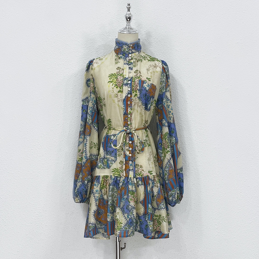 Australian designer Dress Floral Printed Stand Collar Long Sleeve Mini Dress