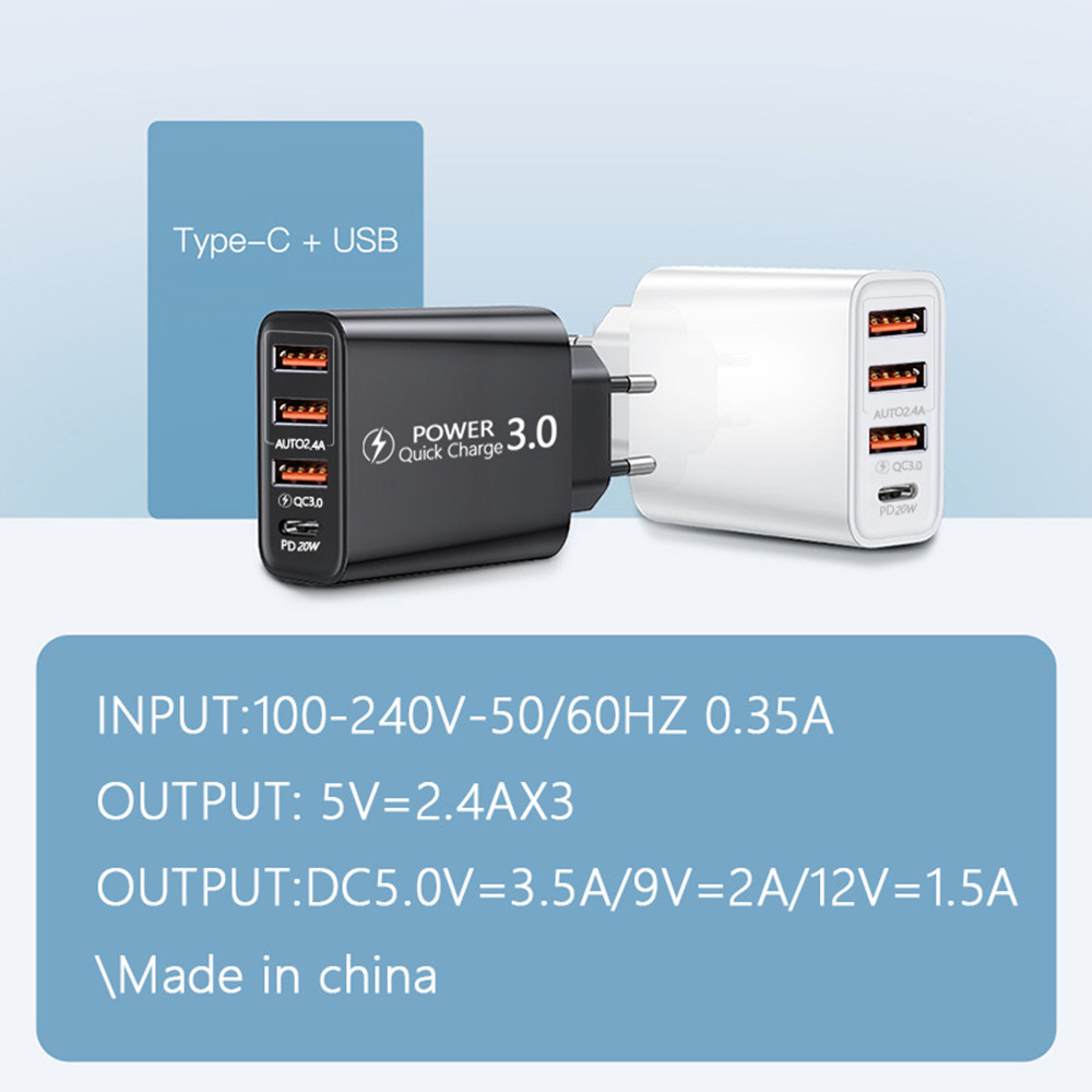 3 USB+PD 20W Type-C Mobiltelefonladdare Multi-USB-gränssnitt Travel Charging Head