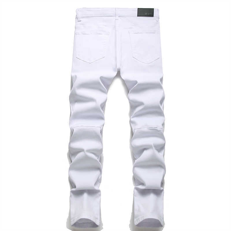 Jeans masculinos nova moda masculina motociclista calças de brim fino ajuste plissado motocycle denim calças marca designer alta elástica cáqui rasgado jeans j230926