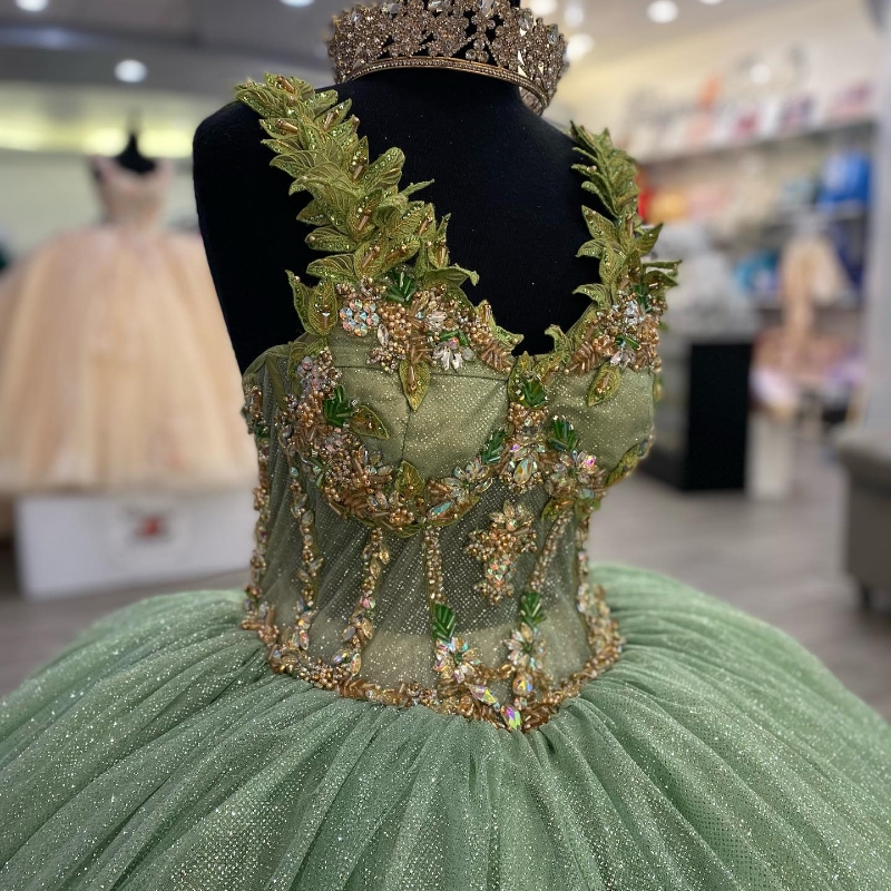 Söt prinsessa mint grön blank bollklänning quinceanera klänningar från axelapplikationer pärlor lyxkorsett vestidos de 15 anos
