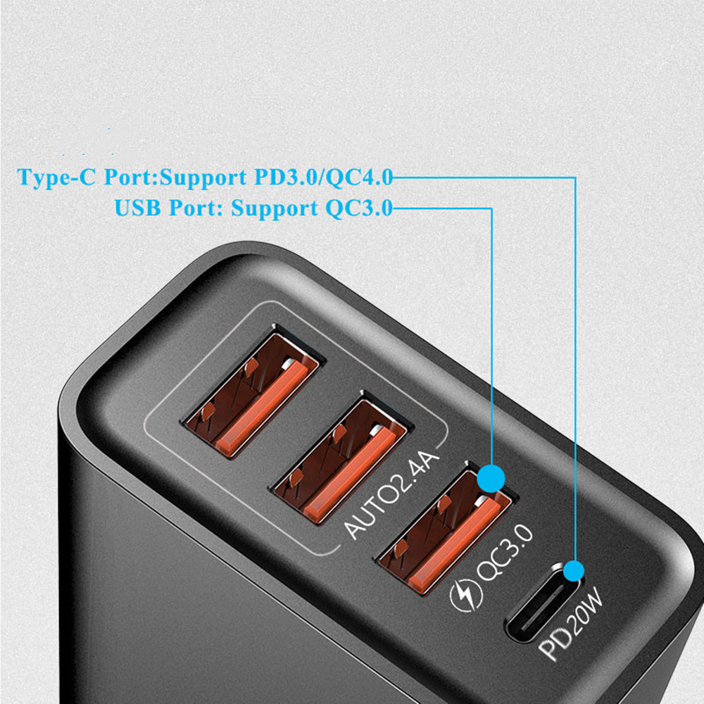 3 USB+PD 20W Type-C Mobiltelefonladdare Multi-USB-gränssnitt Travel Charging Head