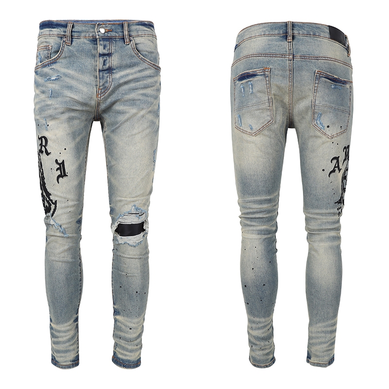 Détails du patch de jeans pour hommes Coupe moto hommes coupe slim moto pour hommes jeans vintage en détresse splash-ink déchiré pantalon en denim violet Taille 30-40