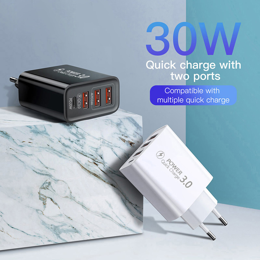 3 USB+PD 20W Type-C Mobiltelefonladdare Multi-USB-gränssnitt Travel Charging Head