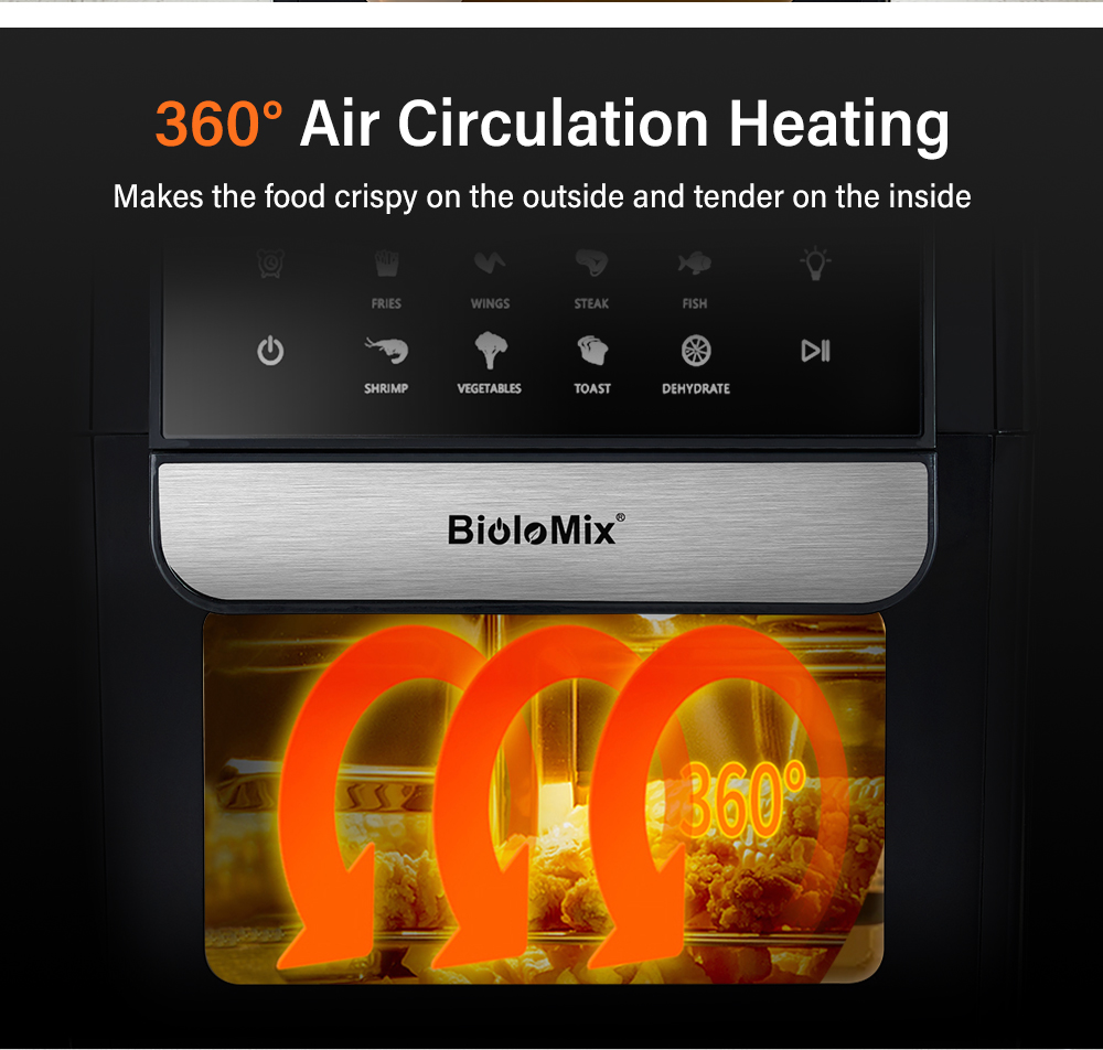 BioloMix multifunctionele 7L luchtfriteuse zonder olie, elektrische oven, dehydrator, heteluchtoven, voorinstellingen op touchscreen Frituren, braden