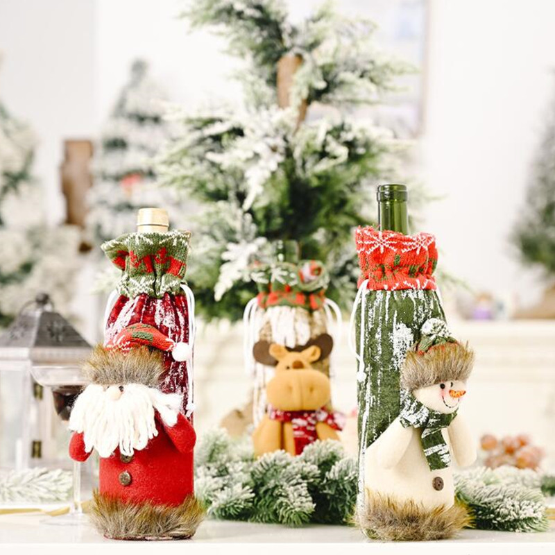 Decorazioni natalizie Copri bottiglia di vino di Natale Babbo Natale Pupazzo di neve Cervo Copri bottiglie Borse Manica lavorata a maglia Tavolo da pranzo Decorazioni la casa