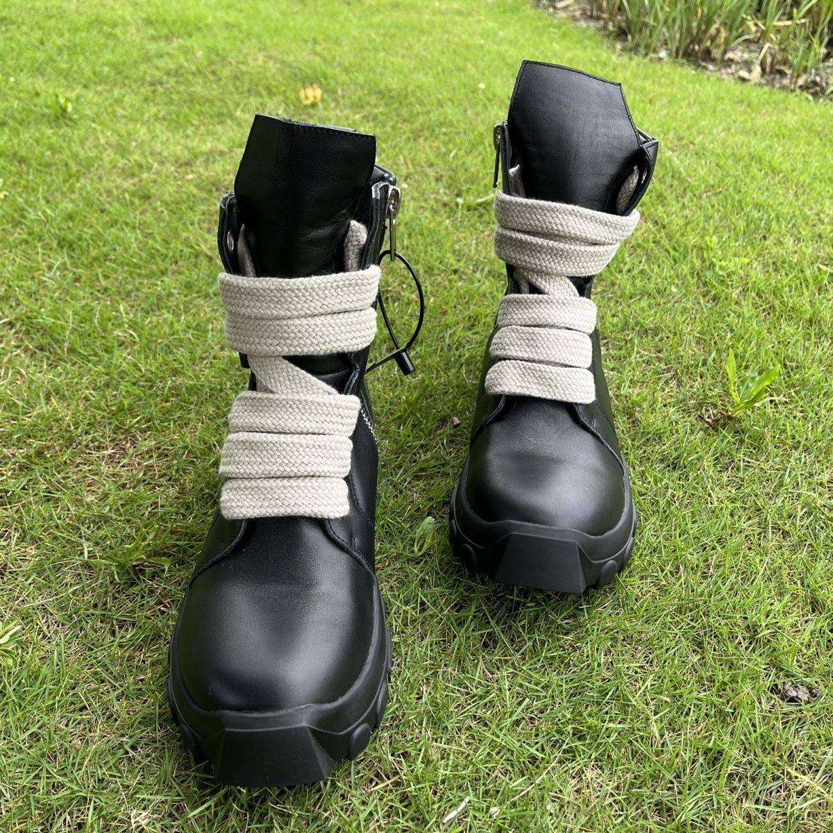 Mega Shoelace Men Motorcycle Boots Huge Shoelaces Men's Casual Sneaker Luxury Trainers Genuine  Platform Shoes