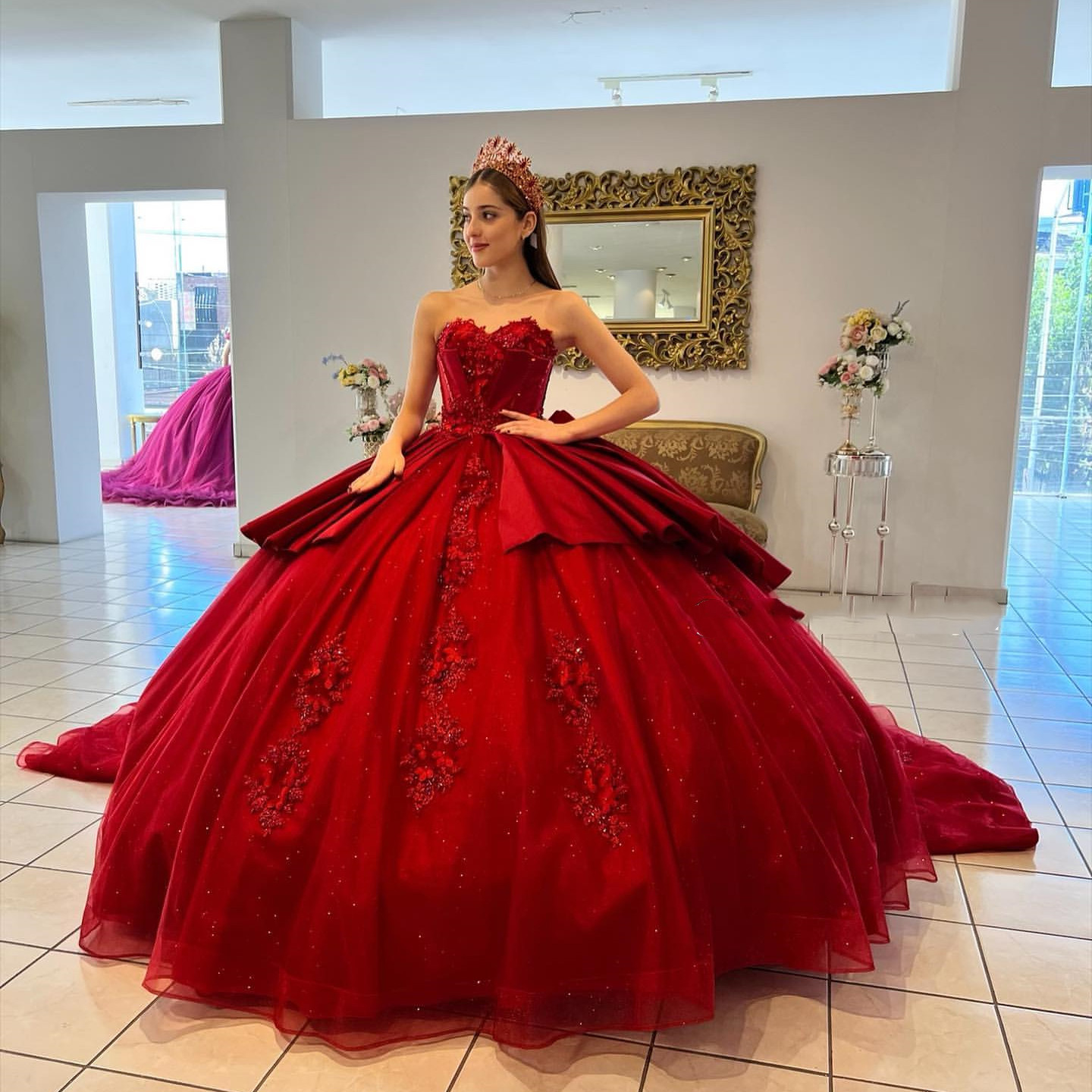 Robe De Quinceanera rouge scintillante, avec nœud appliqué, robe De bal élégante, robes De soirée De remise De diplôme, 15 ans