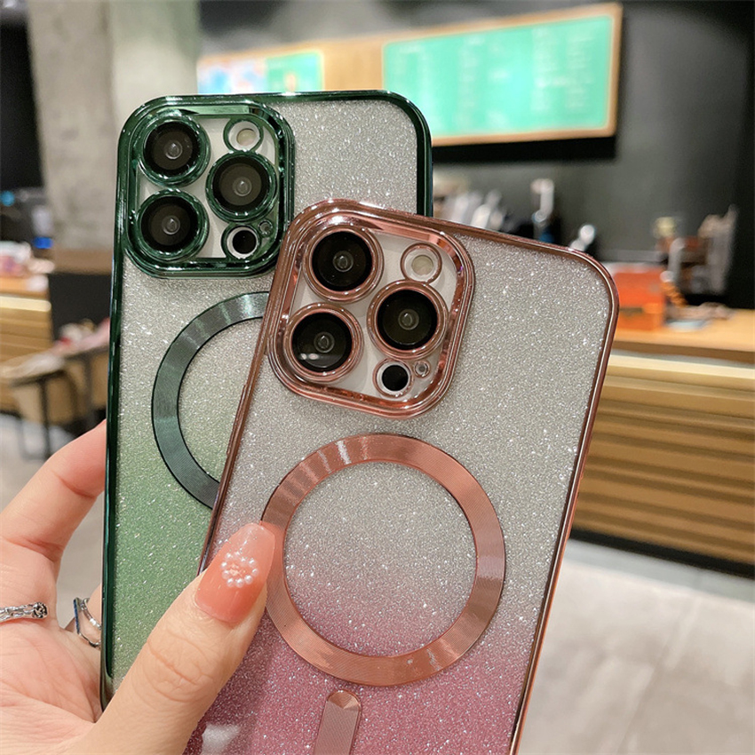 豪華なマグネットワイヤレス充電ソフトTPUケースiPhone 15 14 Plus 13 12 11 Pro Max Bling Glitter Chromted Plating Gradient Magnetic Camera Lens Protector Phone Cover