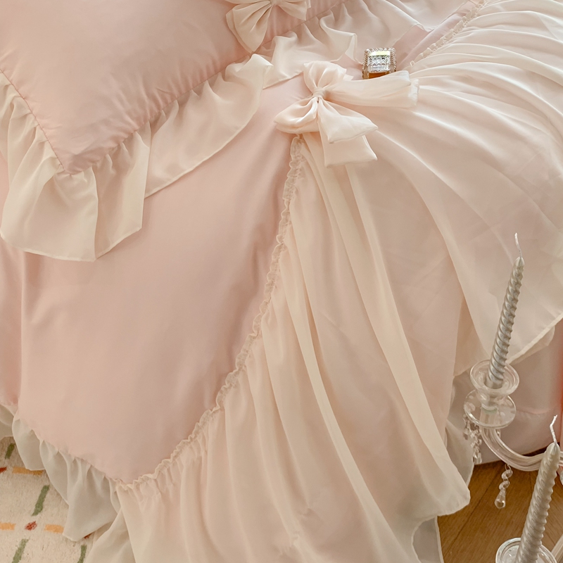 Korean Style Chiffon Lace Bedding Set Pink France Romantic Princess Wedding Bedclothes Ruffles Bow Soft Duvet Cover Bed Sheet Pill219i