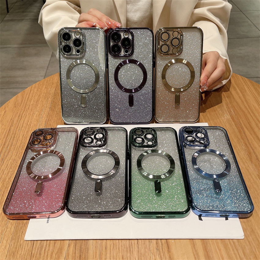 豪華なマグネットワイヤレス充電ソフトTPUケースiPhone 15 14 Plus 13 12 11 Pro Max Bling Glitter Chromted Plating Gradient Magnetic Camera Lens Protector Phone Cover