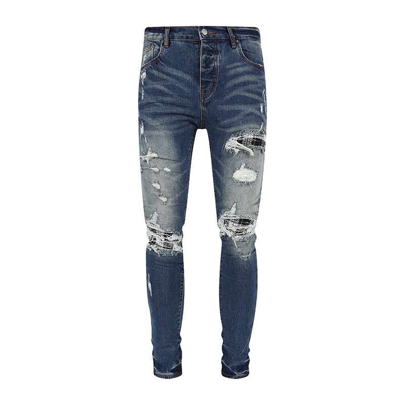 Moda Jeans para hombres Comercio exterior Pantalones negros azul claro Motocicleta Biker Hombres Lavado para hacer el viejo pliegue Hombres Pantalones Casual Runway Denim Tamaño 30-40