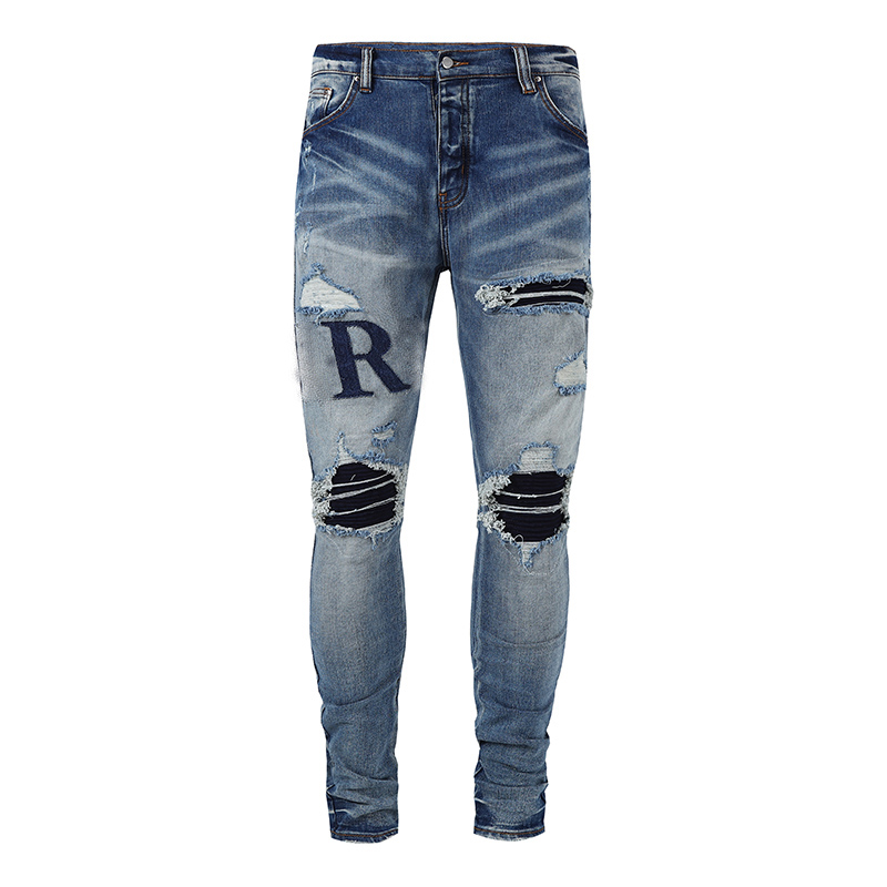 Men's Distressed Jeans Ripped Skinny Fashion Mens Motorcycle Moto Long Off Cotton Slim Feet High Street Denim Light Blue Paste Cloth Hole Pants Hip Hop Men Size 30-40